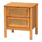 Baxton Studio Jenn Golden Brown Wood Japandi 2-Drawer Nightstand with Distressed-Finished Rattan